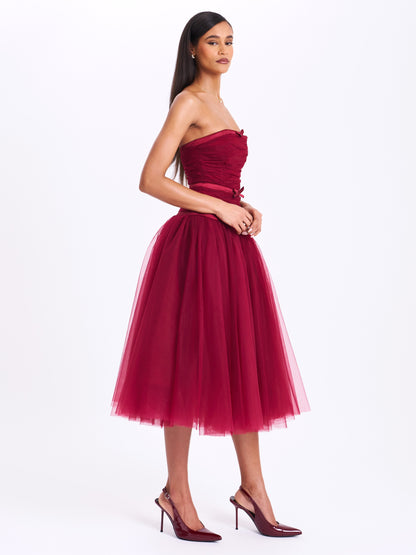 Miss Circle Mabel Burgundy Drop Waist Layered Mesh Midi Puffy Dress with Bow - Free Shipping