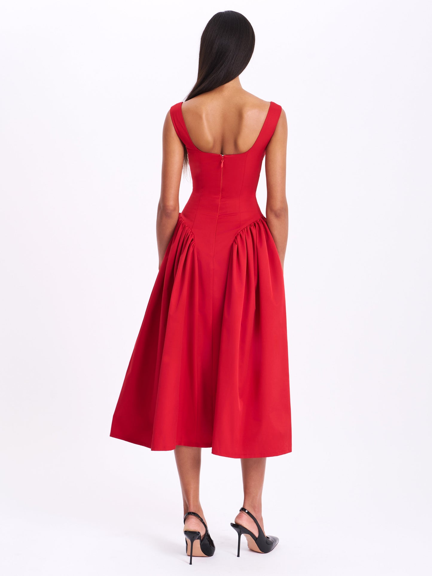 Miss Circle Nahla Red Drop Waist Midi Dress with Buttons - Free Shipping