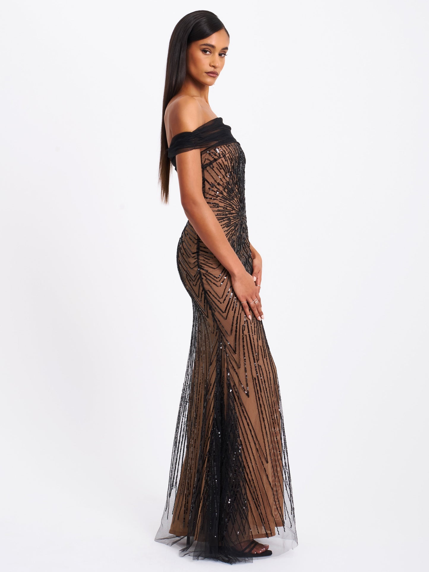 Miss Circle Qeturah Embroidered Sequin Off Shoulder Mesh Gown - Free Shipping