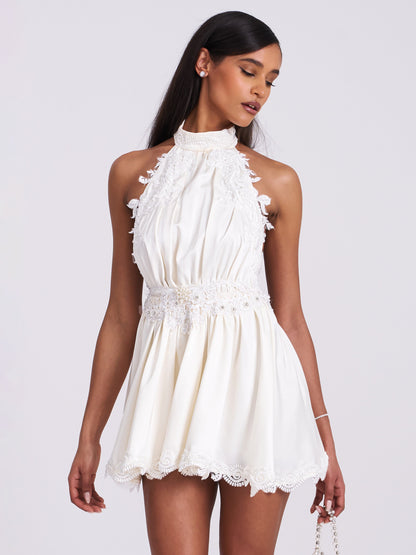 Miss Circle Idalia Pearl White Beaded Lace Trim Backless Halter Mini Dress - Free Shipping