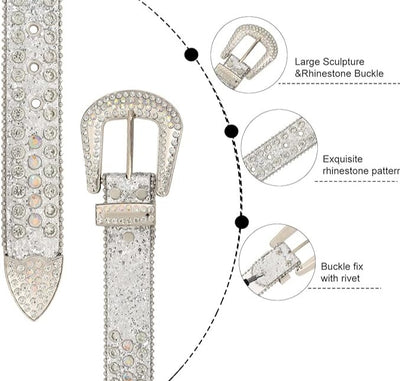 Fashionable Rhinestone Silver Buckle 1.5in Leather Belts