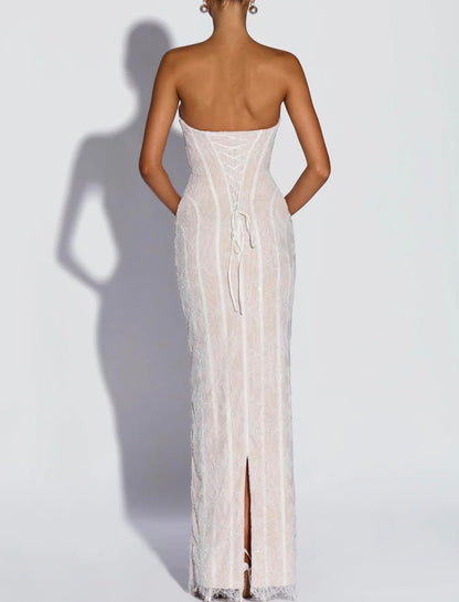 Stylish Floral Lace Corset Strapless Bodycon Maxi Dress-Free Shipping