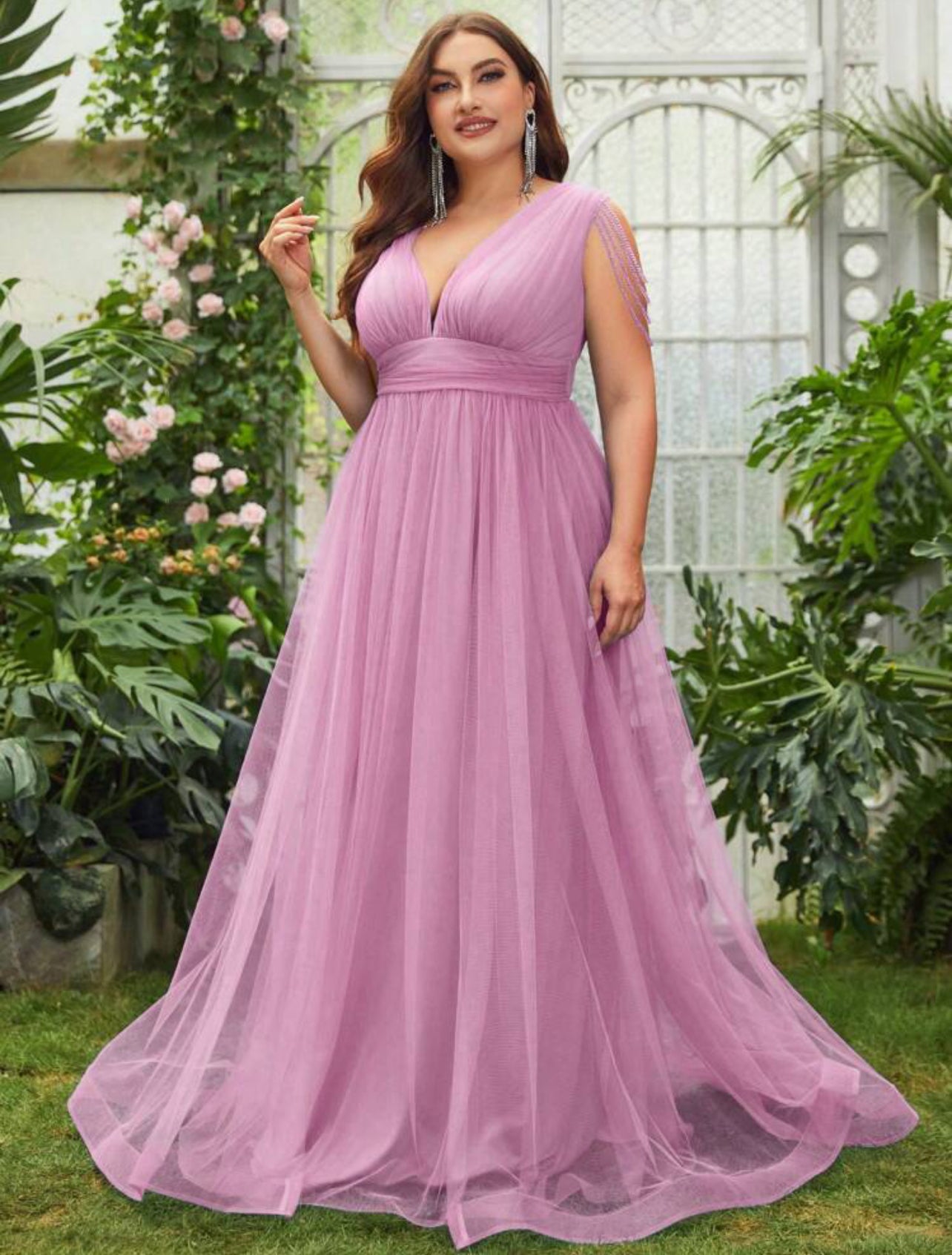 Elegant Plus Size Flowy Plunging Neckline Tulle Full Length Maxi Dress-Free Shipping