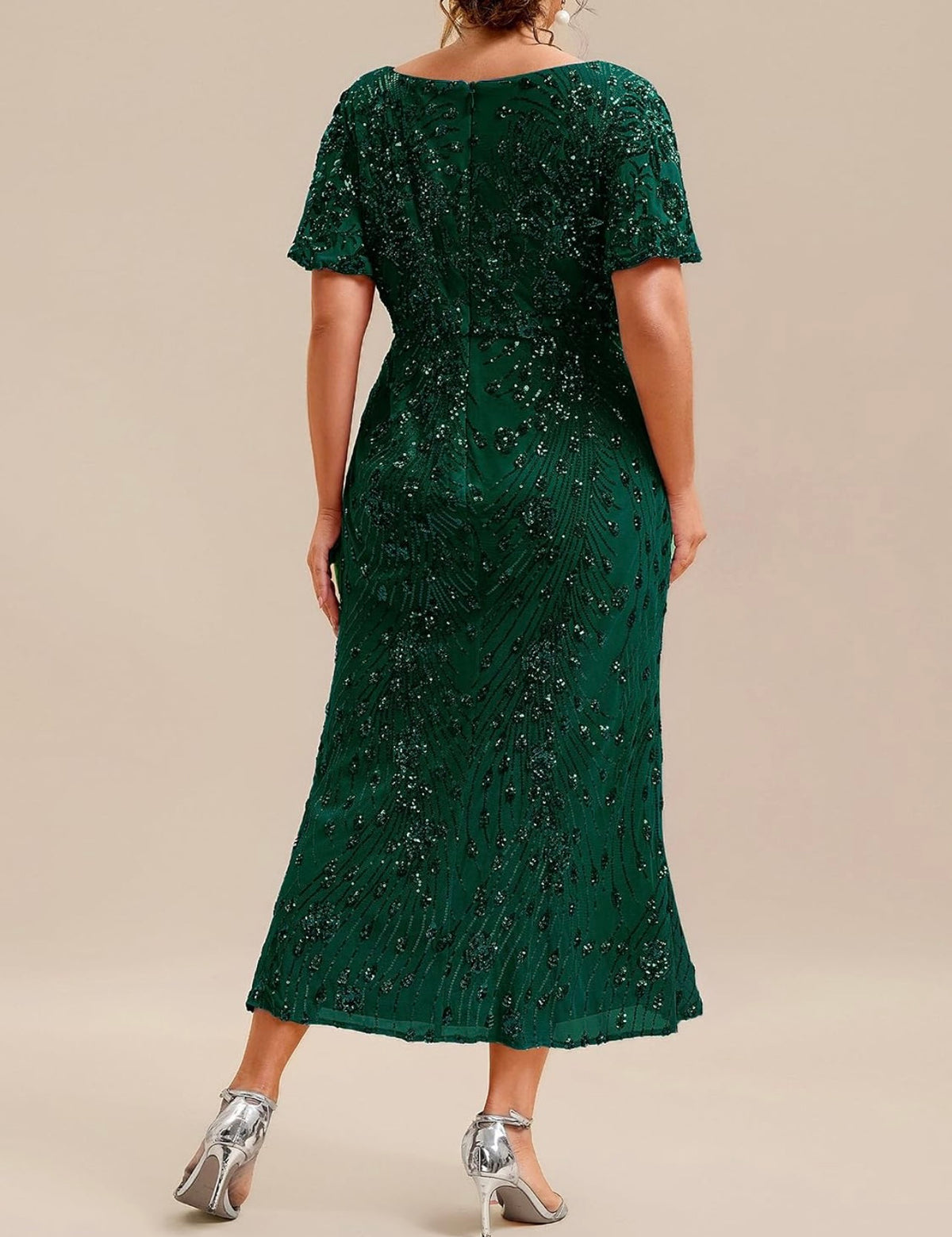 Elegant Plus Size Sequin V-Neck Flutter Sleeve Maxi Dress - Free Shipping