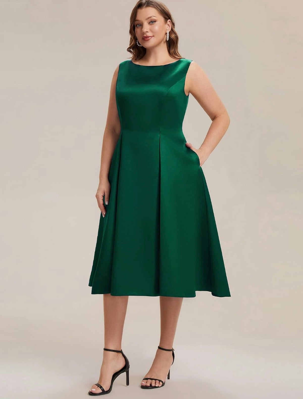 Elegant Plus Size Satin Sleeveless Fit and Flare Midi Dress, Dark Green front alternate