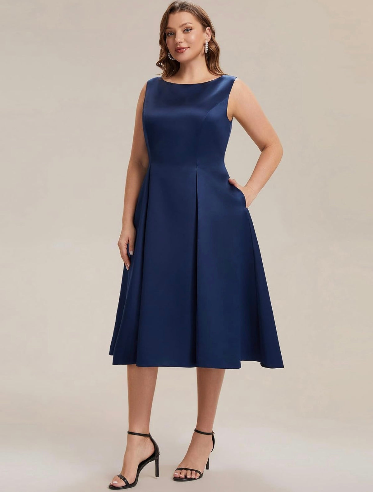 Elegant Plus Size Satin Sleeveless Fit and Flare Midi Dress, Navy Blue front alternate
