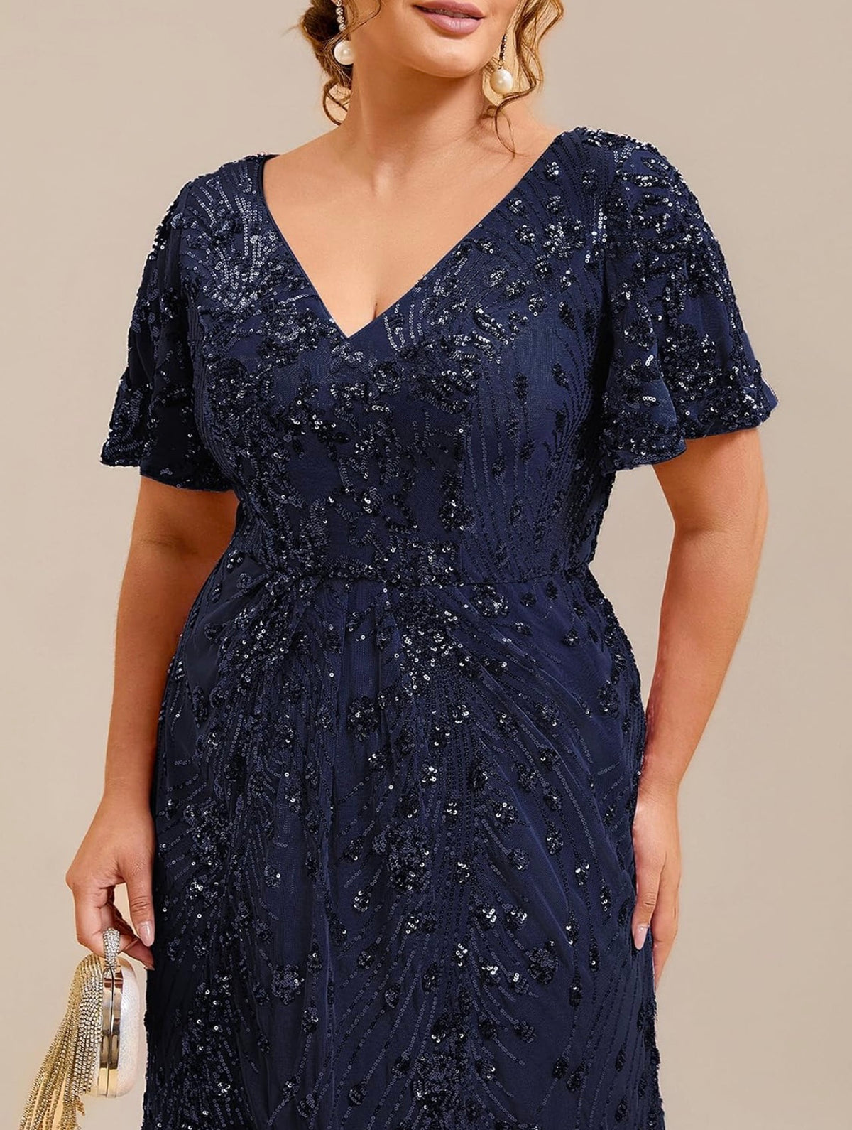 Elegant Plus Size Sequin V-Neck Flutter Sleeve Maxi Dress - Free Shipping
