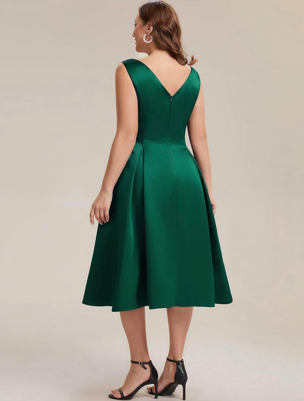 Elegant Plus Size Satin Sleeveless Fit and Flare Midi Dress, Dark Green back