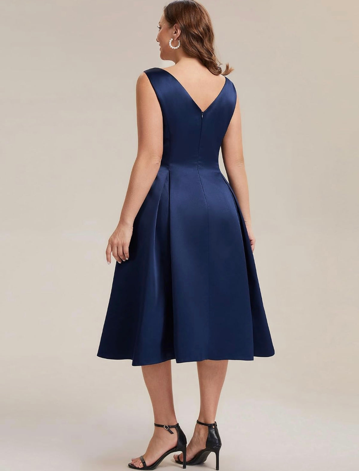Elegant Plus Size Satin Sleeveless Fit and Flare Midi Dress, Navy Blue back