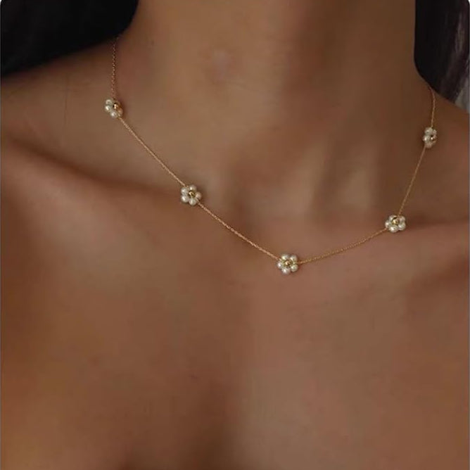 Trendy Dainty Daisy Pearl Necklace 14K Gold-Plated Flower Choker Jewelry-Free Shipping