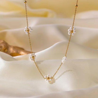 Trendy Dainty Daisy Pearl Necklace 14K Gold-Plated Flower Choker Jewelry-Free Shipping