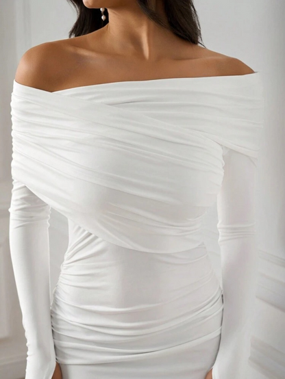 Elegant Wedding Dress Versatile Ruched One-Shoulder Off-the-Shoulder Neckline Long Sleeve Dress – Free Shipping