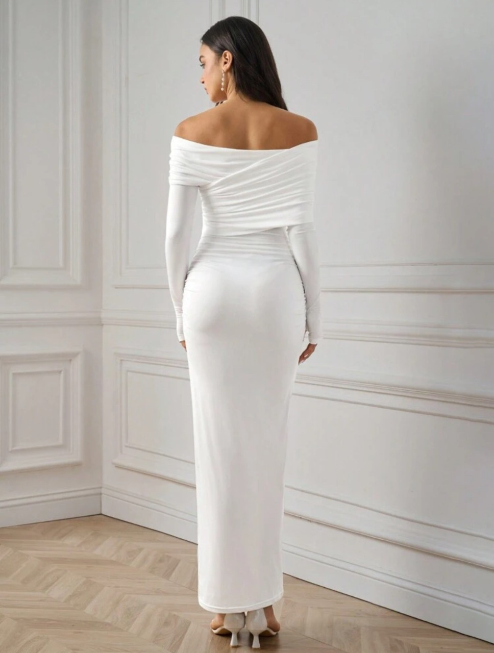 Elegant Versatile Ruched One-Shoulder Off-the-Shoulder Neckline Long Sleeve Dress – Free Shipping