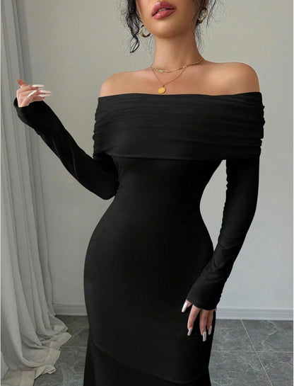 Refined Off-Shoulder Long Sleeve Open-Back Bodycon Mermaid Dress-Free Shipping
