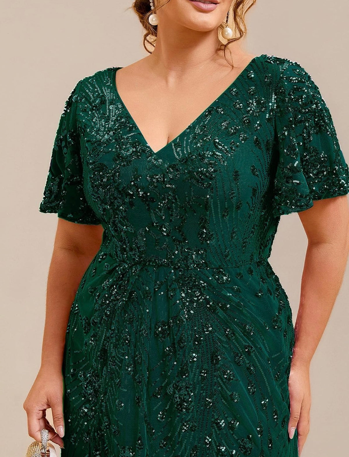 Elegant Plus Size Sequin V-Neck Flutter Sleeve Maxi Dress - Free Shipping