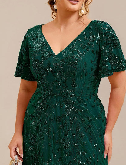 Elegant Plus Size Sequin V-Neck Flutter Sleeve Maxi Dress - Free Shipping