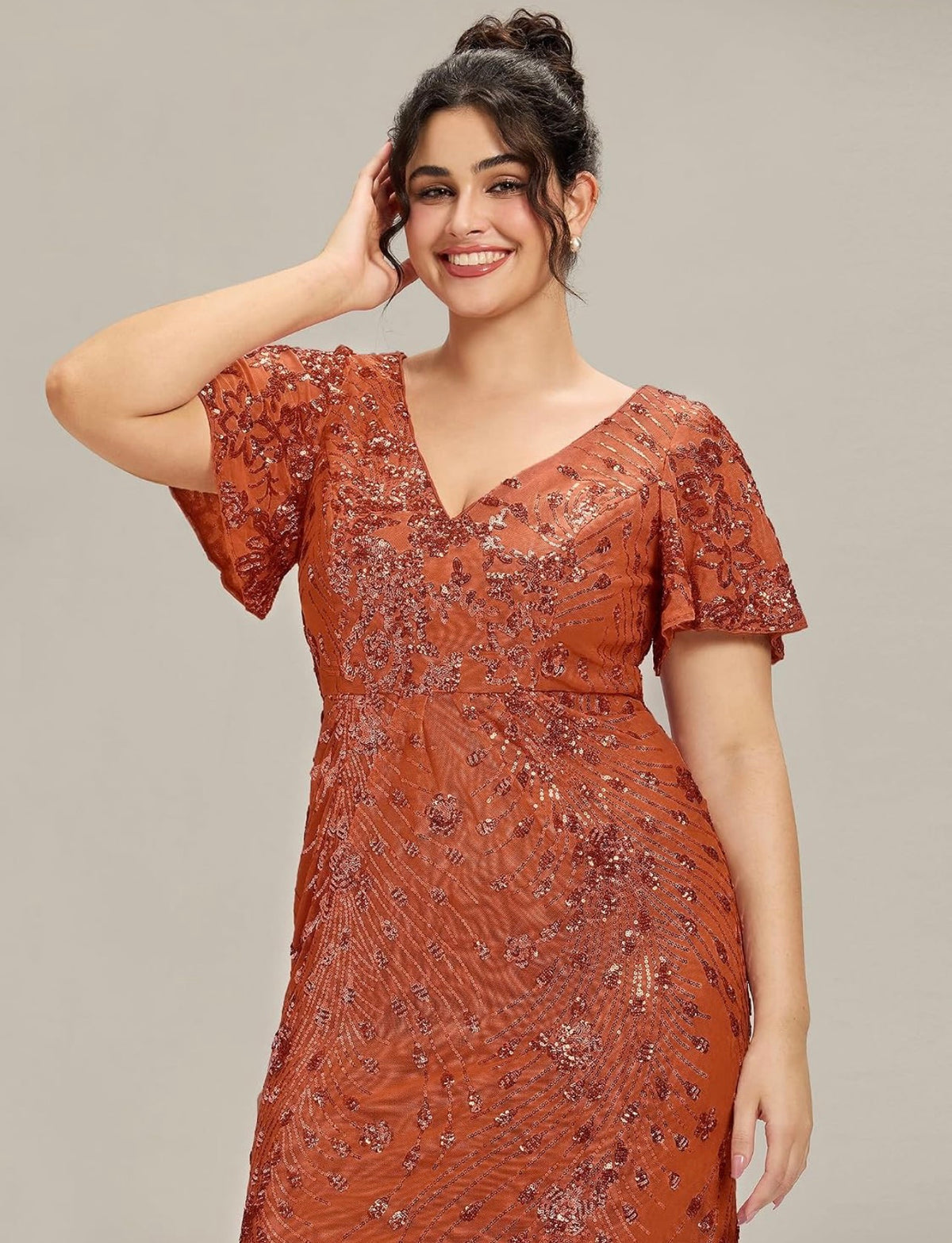 Elegant Plus Size Sequin V-Neck Flutter Sleeve Maxi Dress - Free Shipping