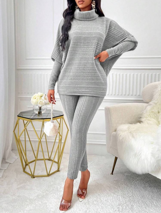 Chic 2-Piece Light Gray Solid Ribbed Turtleneck Batwing Sweater & Leggings Set - Free Shipping