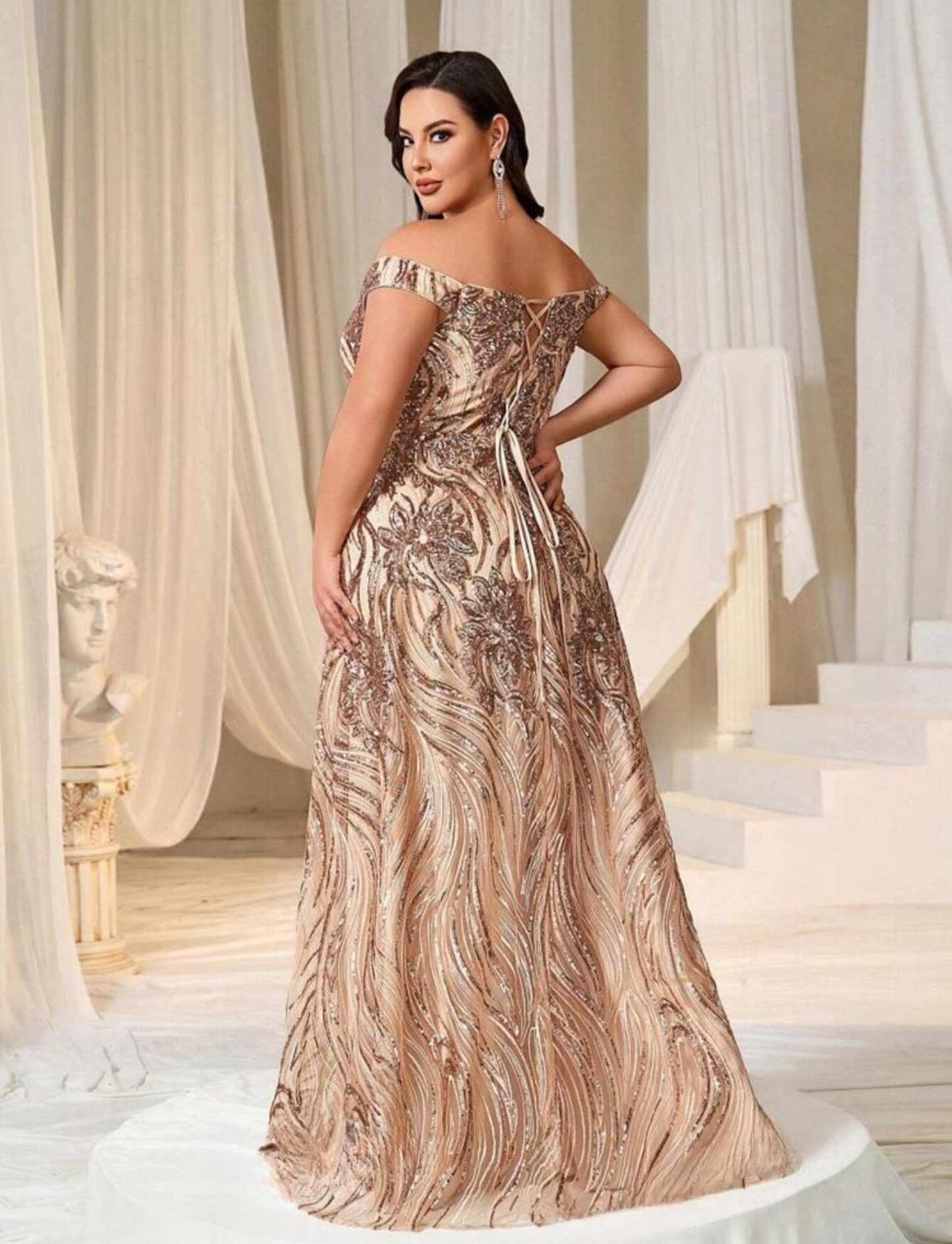 Glamorous Plus Size Mauve Off-Shoulder Sweetheart Sequin Long Maxi Dress-Free Shipping