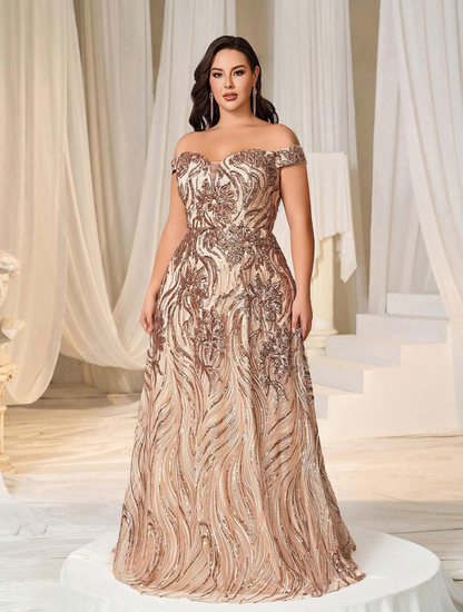 Glamorous Plus Size Mauve Off-Shoulder Sweetheart Sequin Long Maxi Dress-Free Shipping