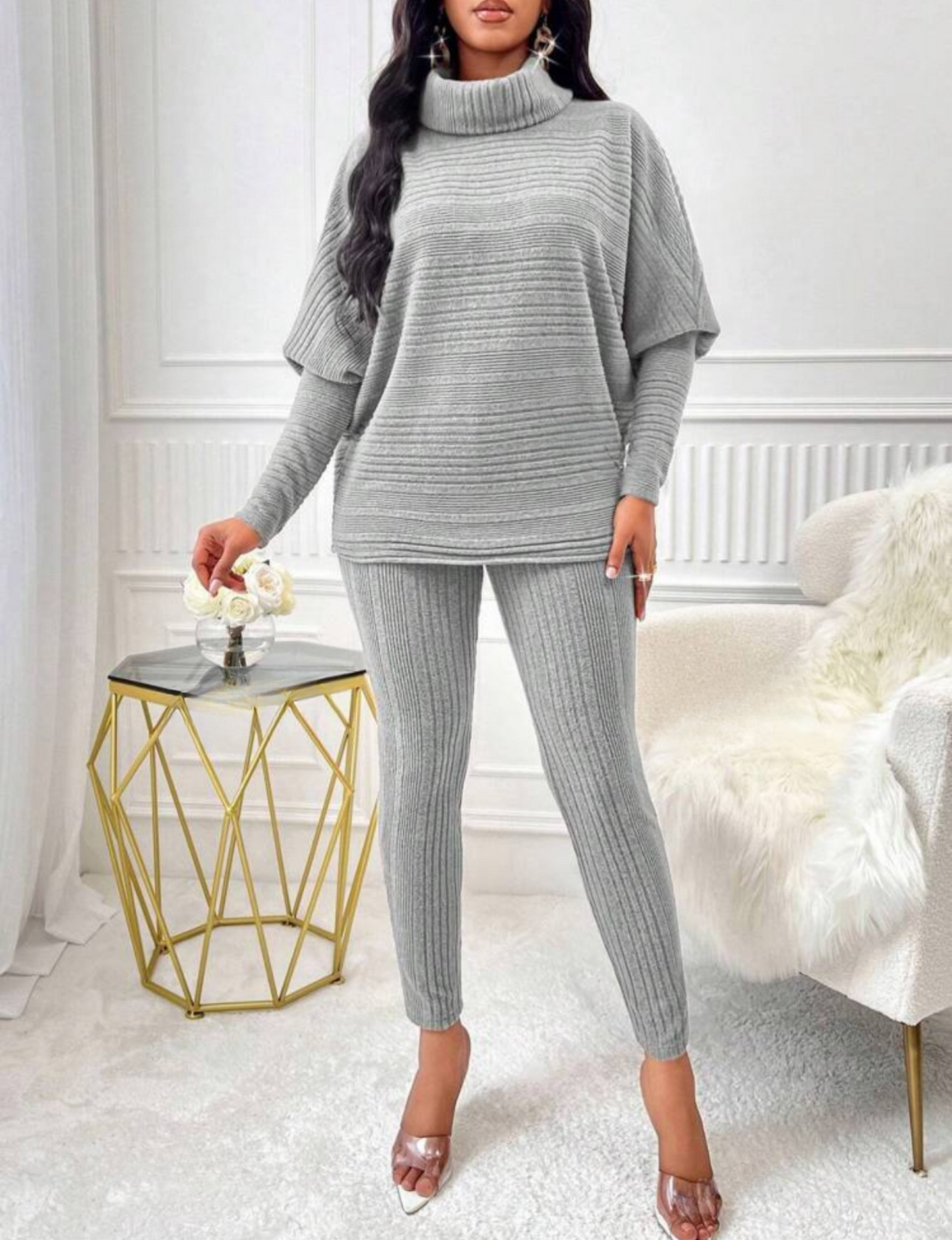 Chic 2-Piece Light Gray Solid Ribbed Turtleneck Batwing Sweater & Leggings Set - Free Shipping