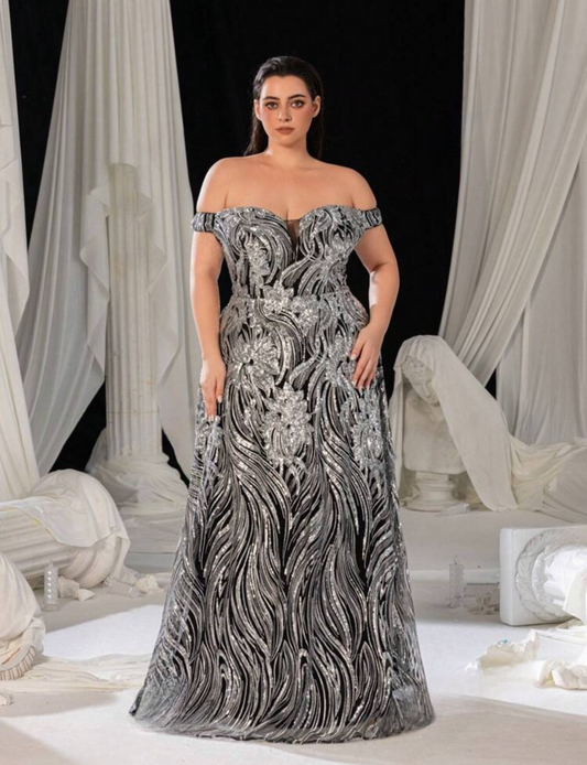 Glamorous Silver Plus Size Black Silver Off-Shoulder Sweetheart Sequin Long Maxi Dress-Free Shipping