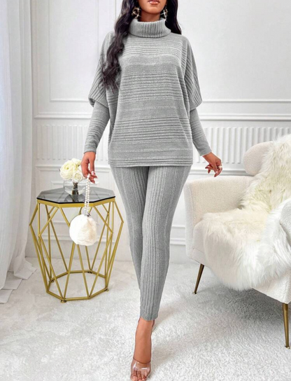 Chic 2-Piece Light Gray Solid Ribbed Turtleneck Batwing Sweater & Leggings Set - Free Shipping