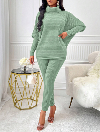 Chic 2-Piece Light Gray Solid Ribbed Turtleneck Batwing Sweater & Leggings Set - Free Shipping