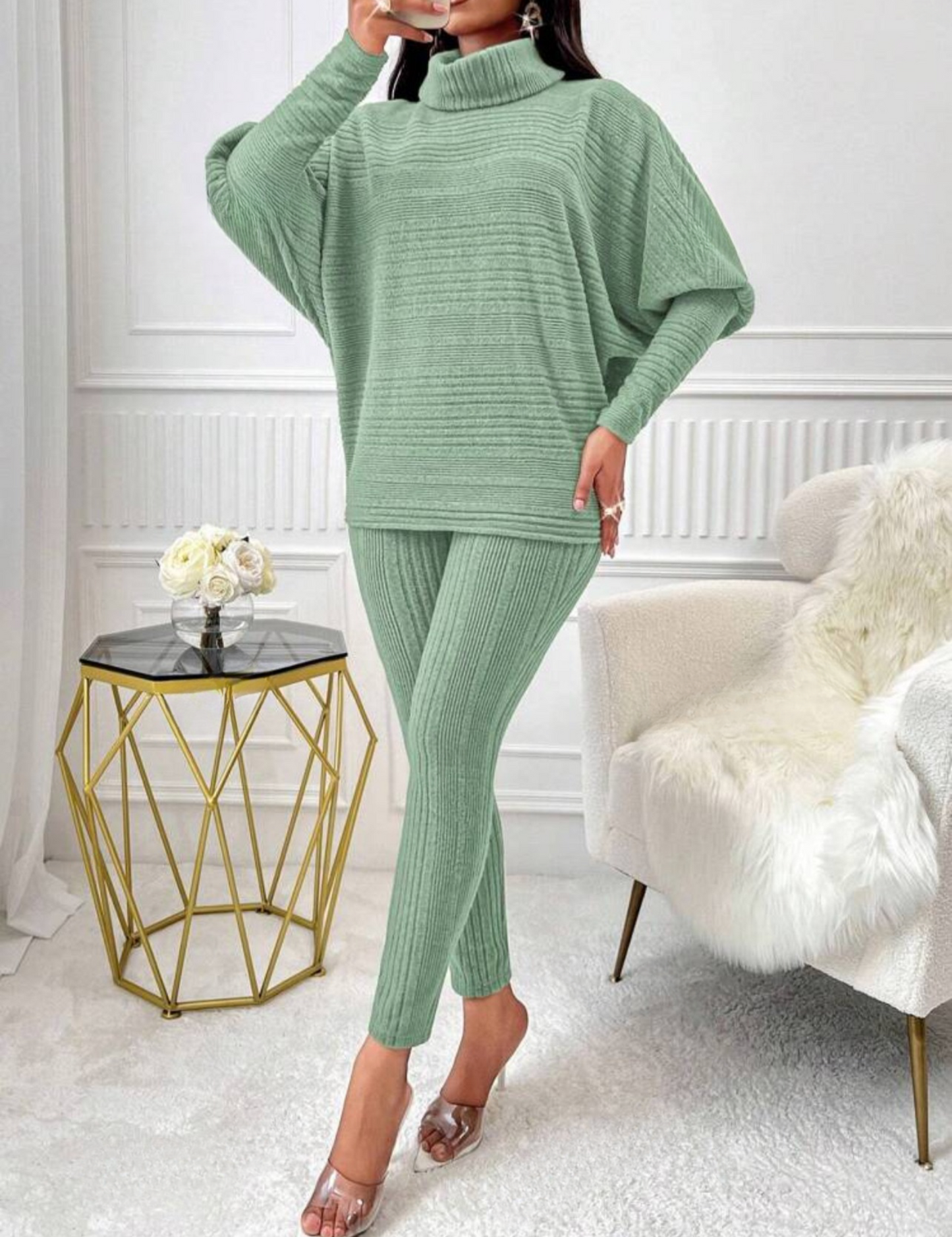 Chic 2-Piece Light Gray Solid Ribbed Turtleneck Batwing Sweater & Leggings Set - Free Shipping