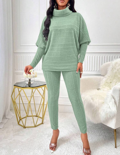 Chic 2-Piece Light Gray Solid Ribbed Turtleneck Batwing Sweater & Leggings Set - Free Shipping