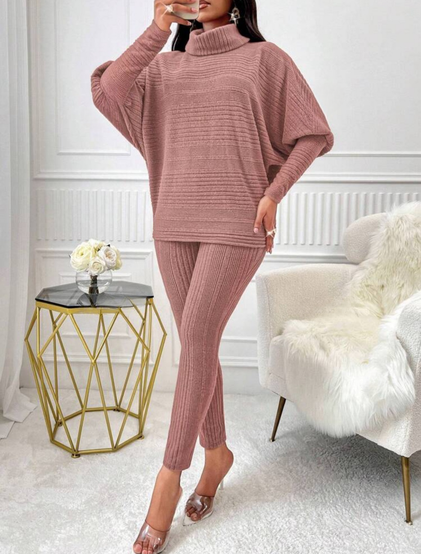 Chic 2-Piece Light Gray Solid Ribbed Turtleneck Batwing Sweater & Leggings Set - Free Shipping