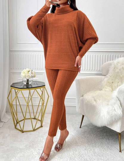 Chic 2-Piece Light Gray Solid Ribbed Turtleneck Batwing Sweater & Leggings Set - Free Shipping