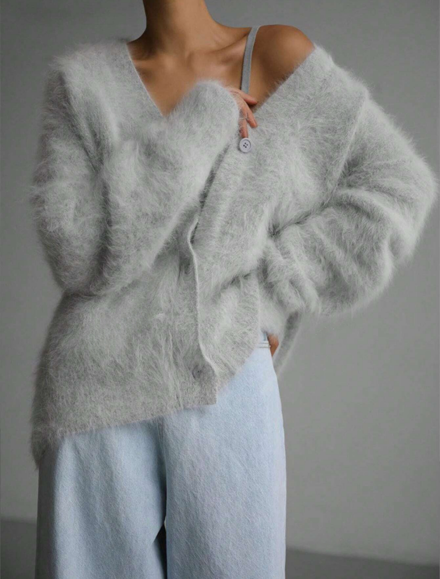 Chic Drop Shoulder Long Sleeve Single-Breasted Faux Fur Knit Sweater Cardigan-Free Shipping