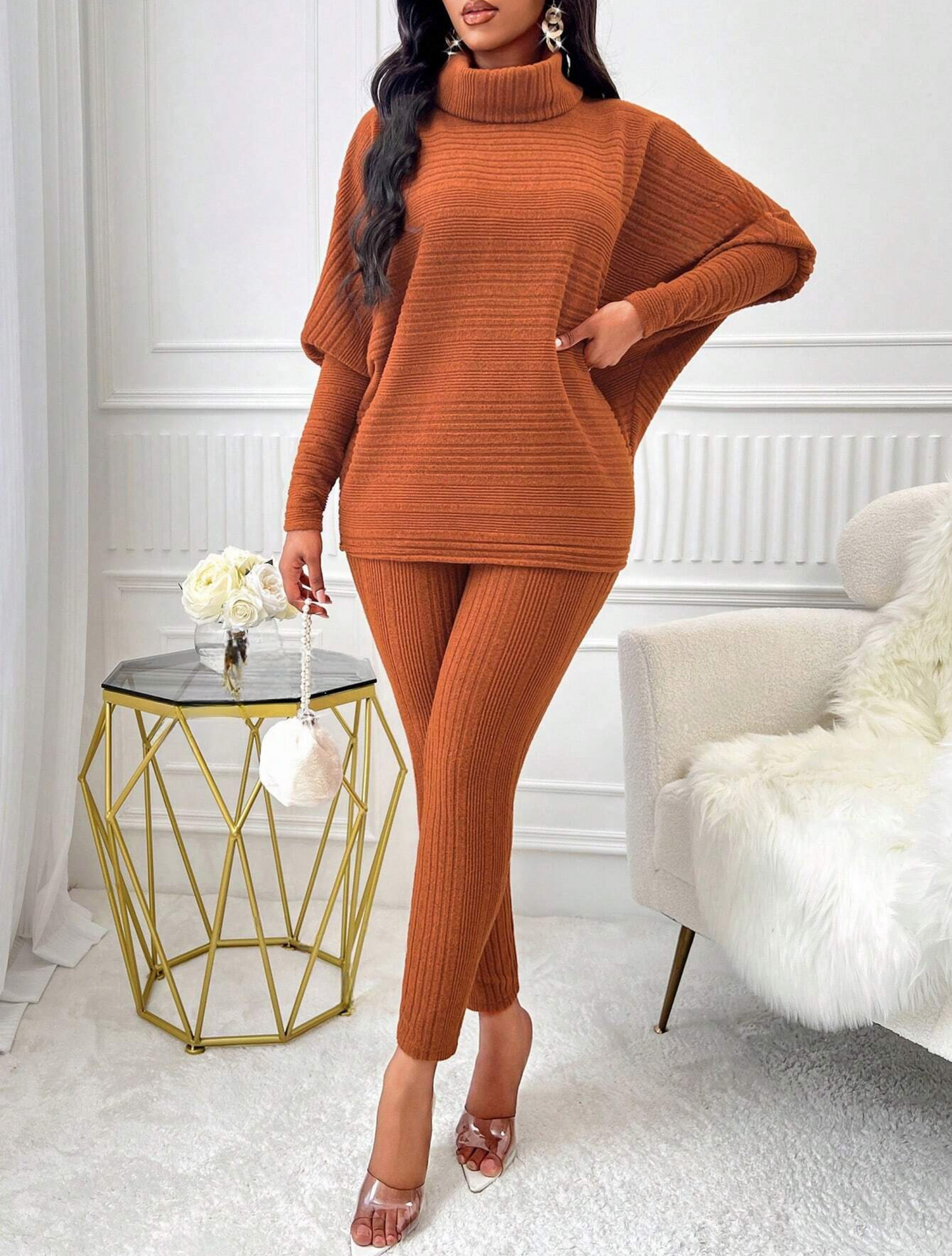 Chic 2-Piece Light Gray Solid Ribbed Turtleneck Batwing Sweater & Leggings Set - Free Shipping