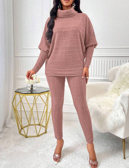 Chic 2-Piece Light Gray Solid Ribbed Turtleneck Batwing Sweater & Leggings Set - Free Shipping