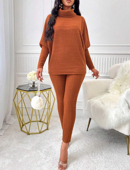 Chic 2-Piece Light Gray Solid Ribbed Turtleneck Batwing Sweater & Leggings Set - Free Shipping