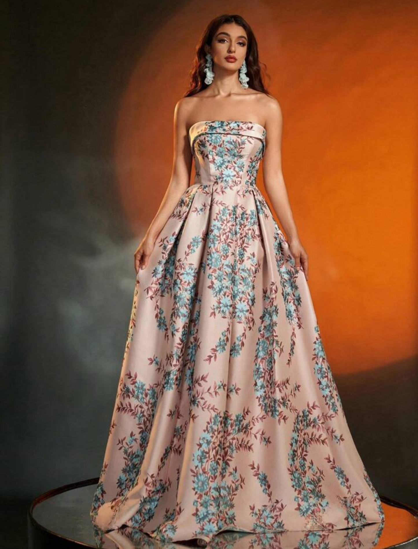 Elegant Pink Floral Strapless Jacquard Fit Flare Evening Long Dress - Free Shipping