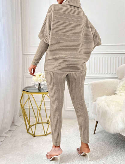 Chic 2-Piece Light Gray Solid Ribbed Turtleneck Batwing Sweater & Leggings Set - Free Shipping