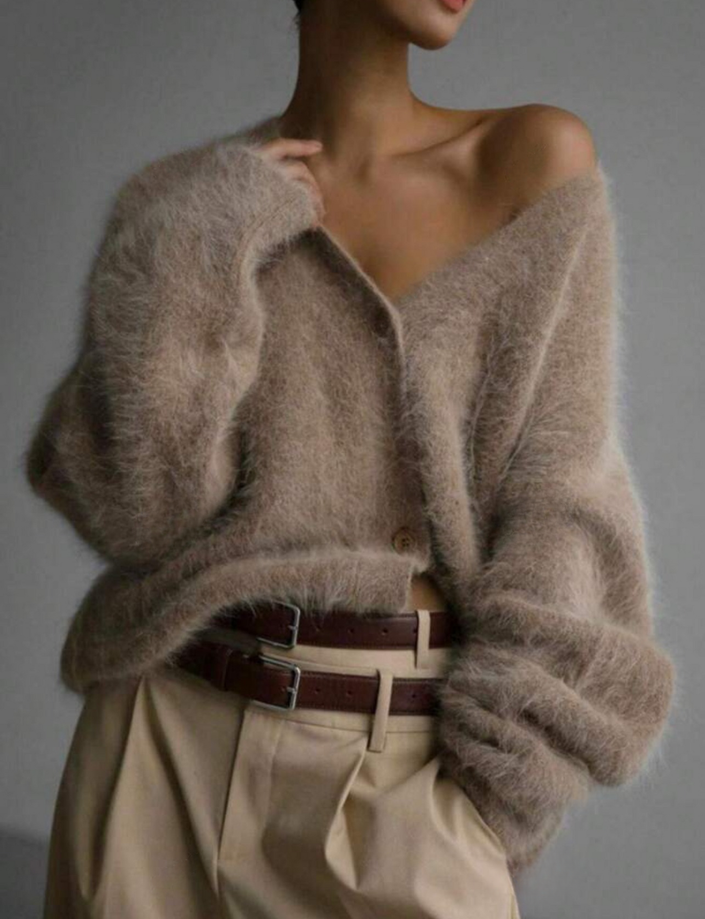 Chic Drop Shoulder Long Sleeve Single-Breasted Faux Fur Knit Sweater Cardigan-Free Shipping