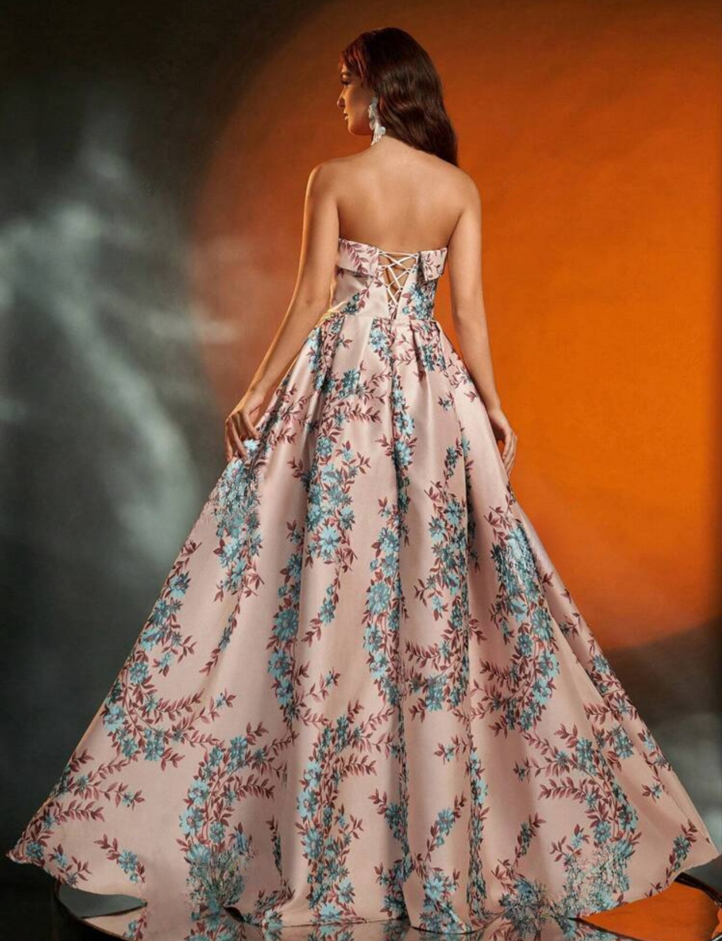 Elegant Pink Floral Strapless Jacquard Fit Flare Evening Long Dress - Free Shipping