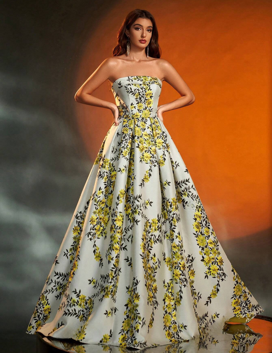 Elegant Yellow Floral Strapless Jacquard Fit Flare Evening Long Dress - Free Shipping