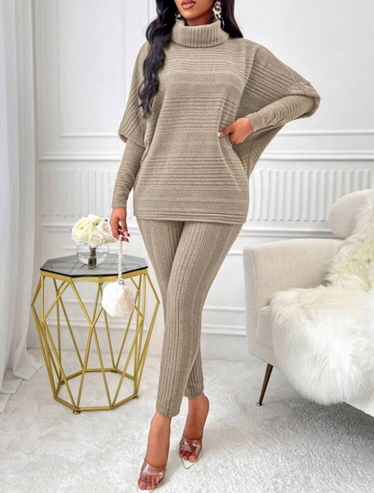 Chic 2-Piece Light Gray Solid Ribbed Turtleneck Batwing Sweater & Leggings Set - Free Shipping