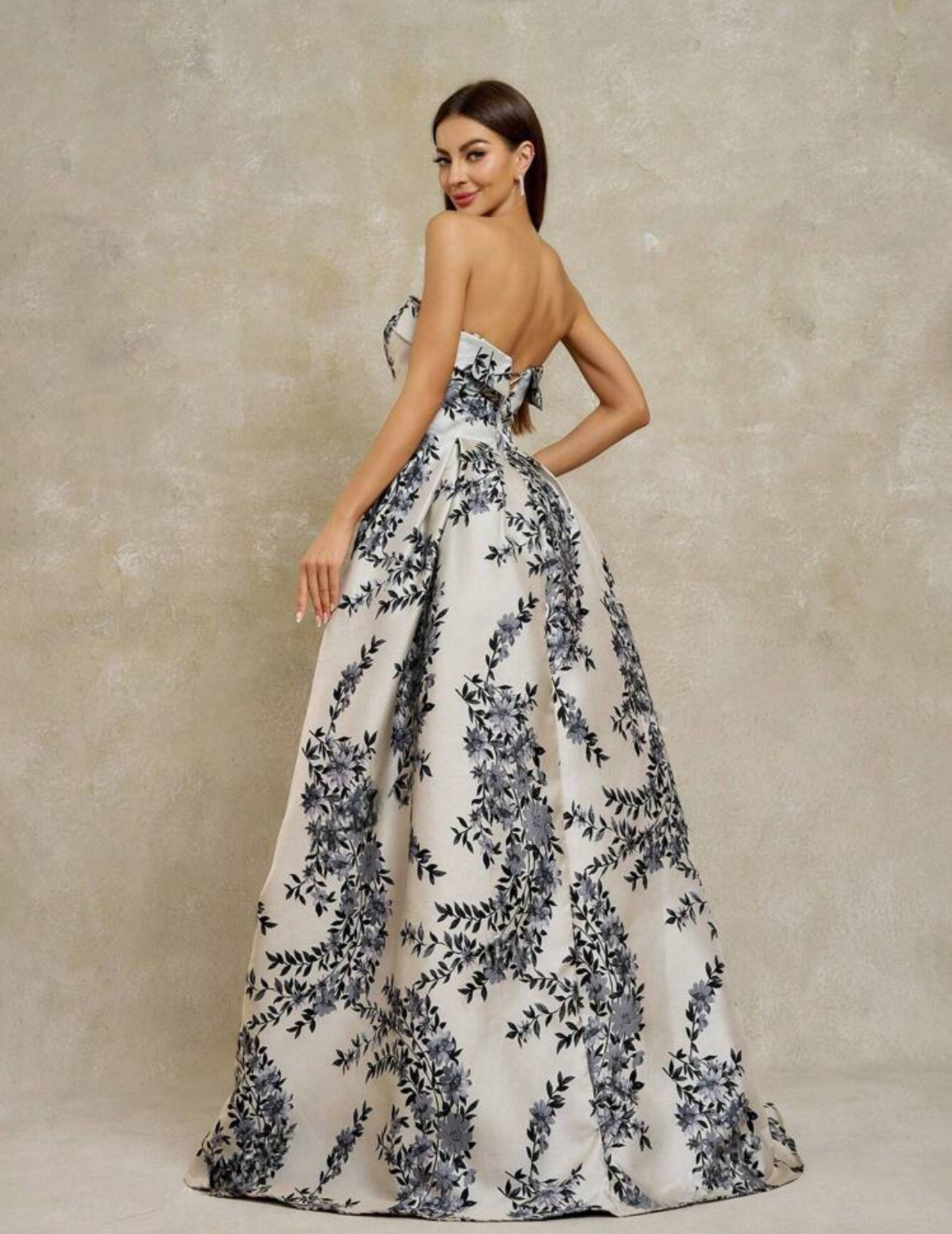 Elegant Pink Floral Strapless Jacquard Fit Flare Evening Long Dress - Free Shipping