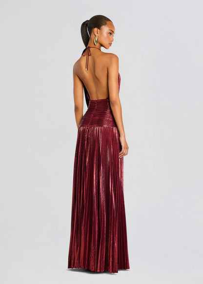Stunning Metallic Pleated Halter Neck Open Back Side Slit A-Line Maxi Dress - Free Shipping