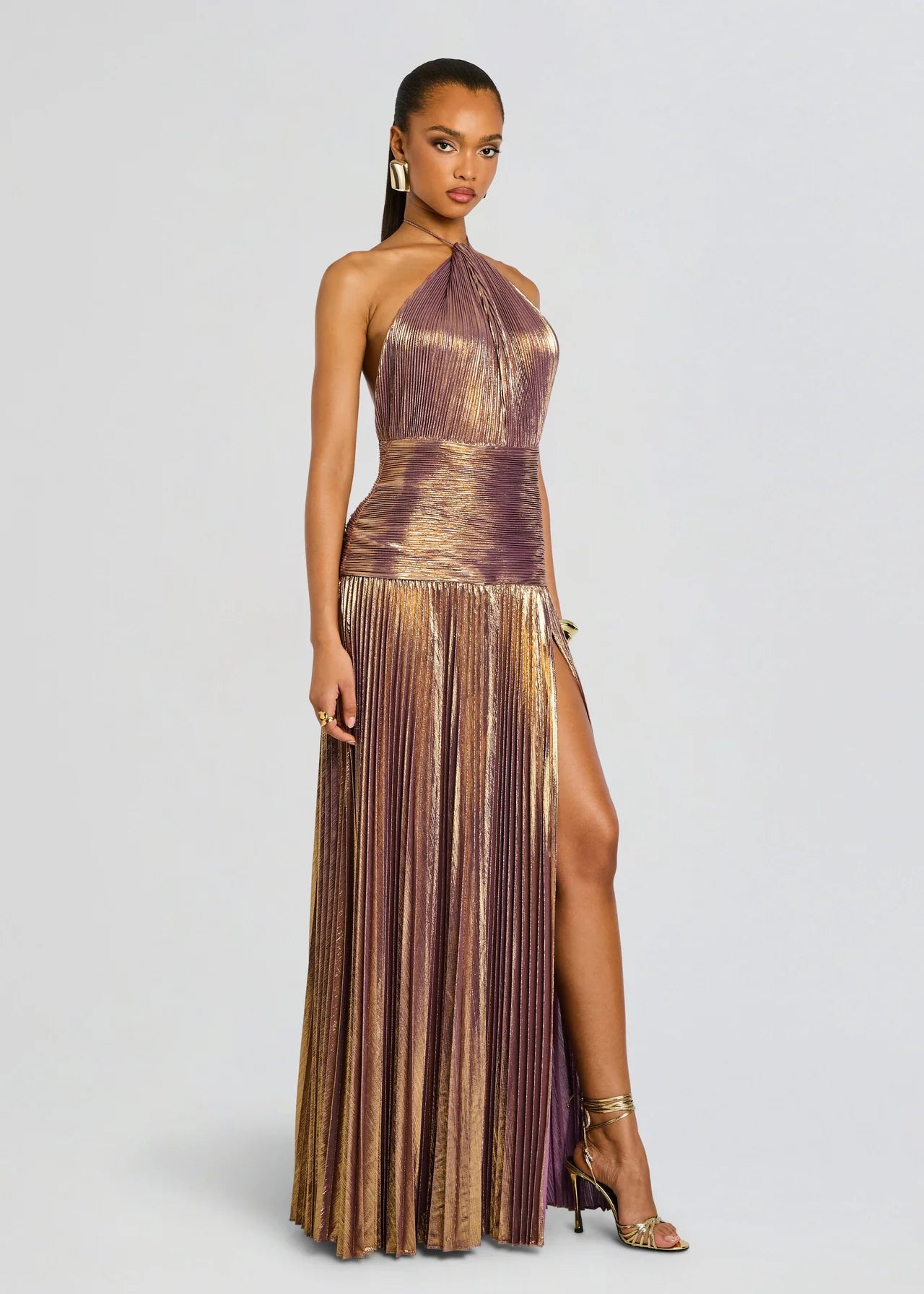Stunning Metallic Pleated Halter Neck Open Back Side Slit A-Line Maxi Dress - Free Shipping