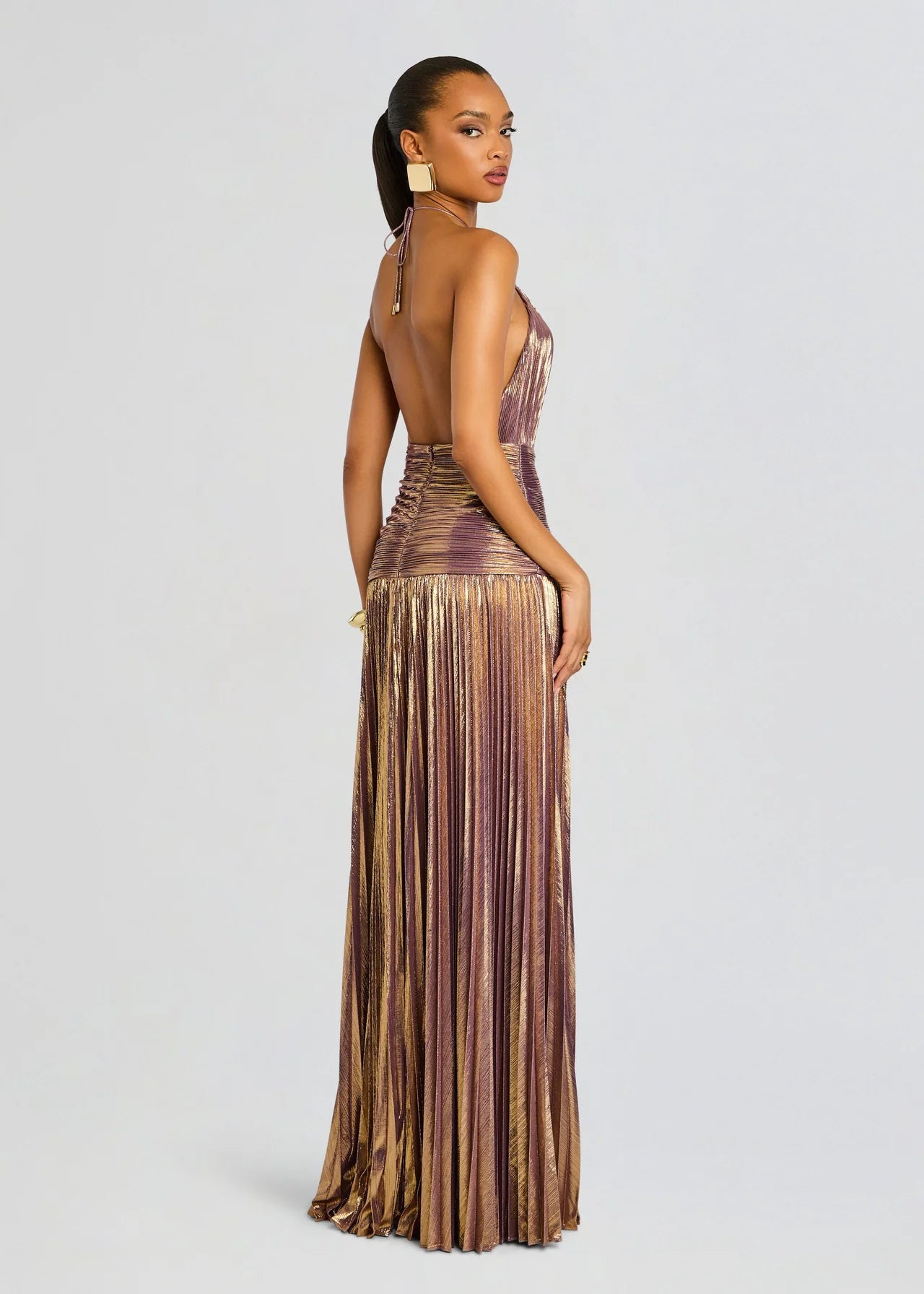 Stunning Metallic Pleated Halter Neck Open Back Side Slit A-Line Maxi Dress - Free Shipping