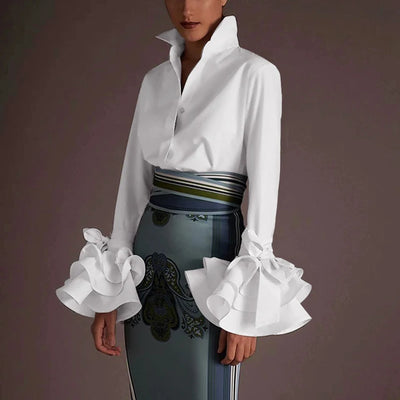 Classic Feminine Blouse with Dramatic Flare Ruffle Sleeves and Tailored Button Front