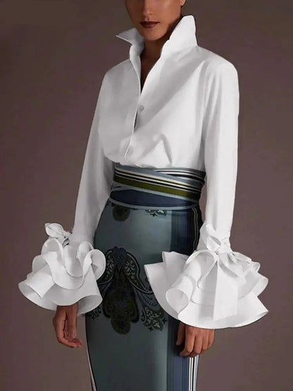 Classic Feminine Blouse with Dramatic Flare Ruffle Sleeves and Tailored Button Front