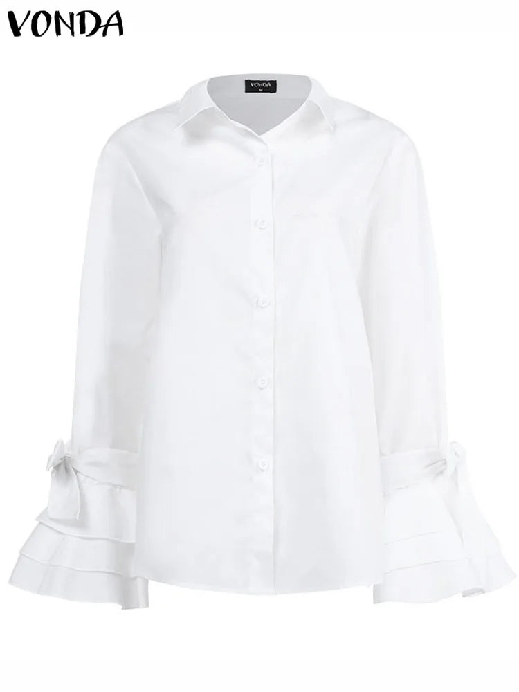 Classic Feminine Blouse with Dramatic Flare Ruffle Sleeves and Tailored Button Front