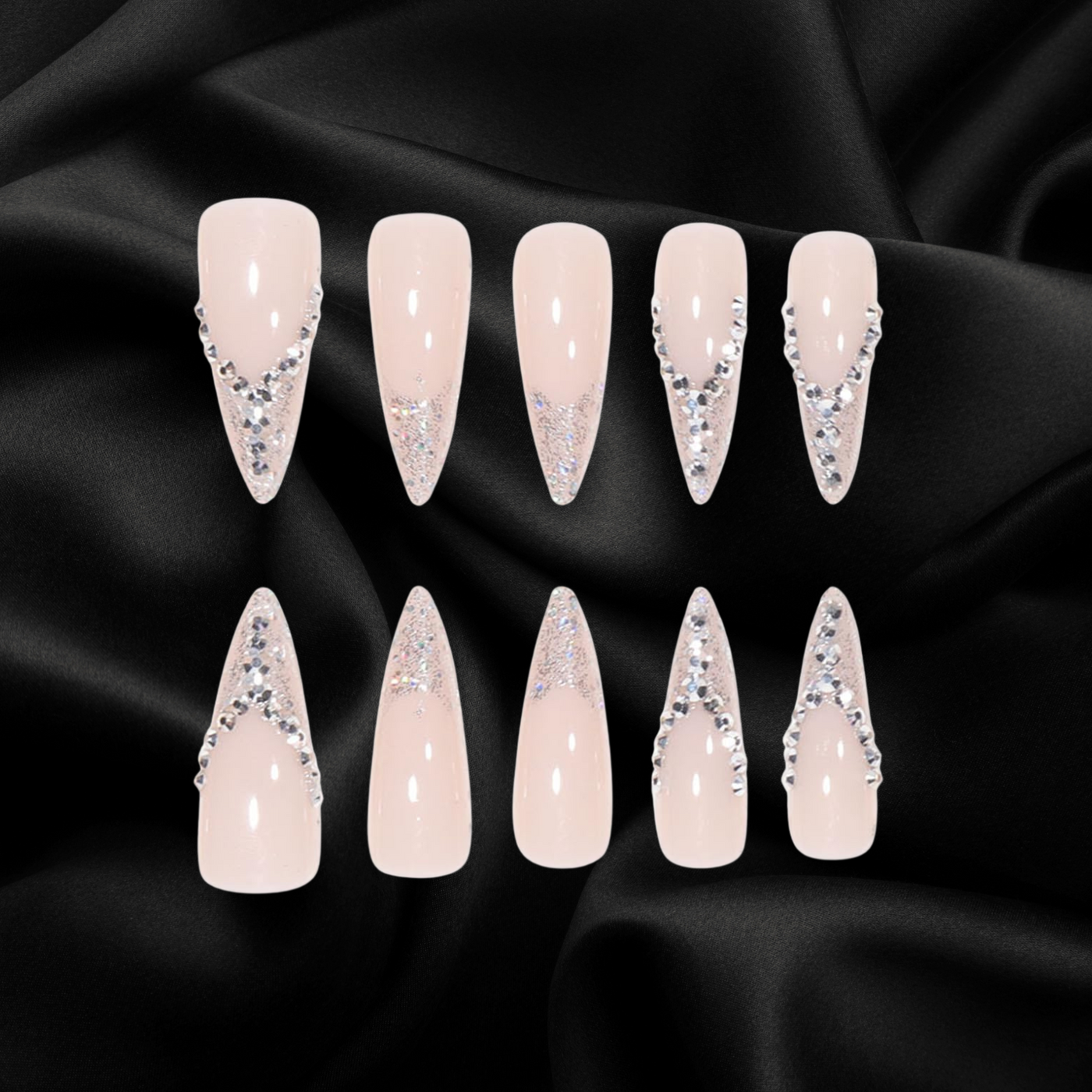 Stiletto Silver Glitter PressOn Long Fancy Fake Nails French Tips-Free Shipping